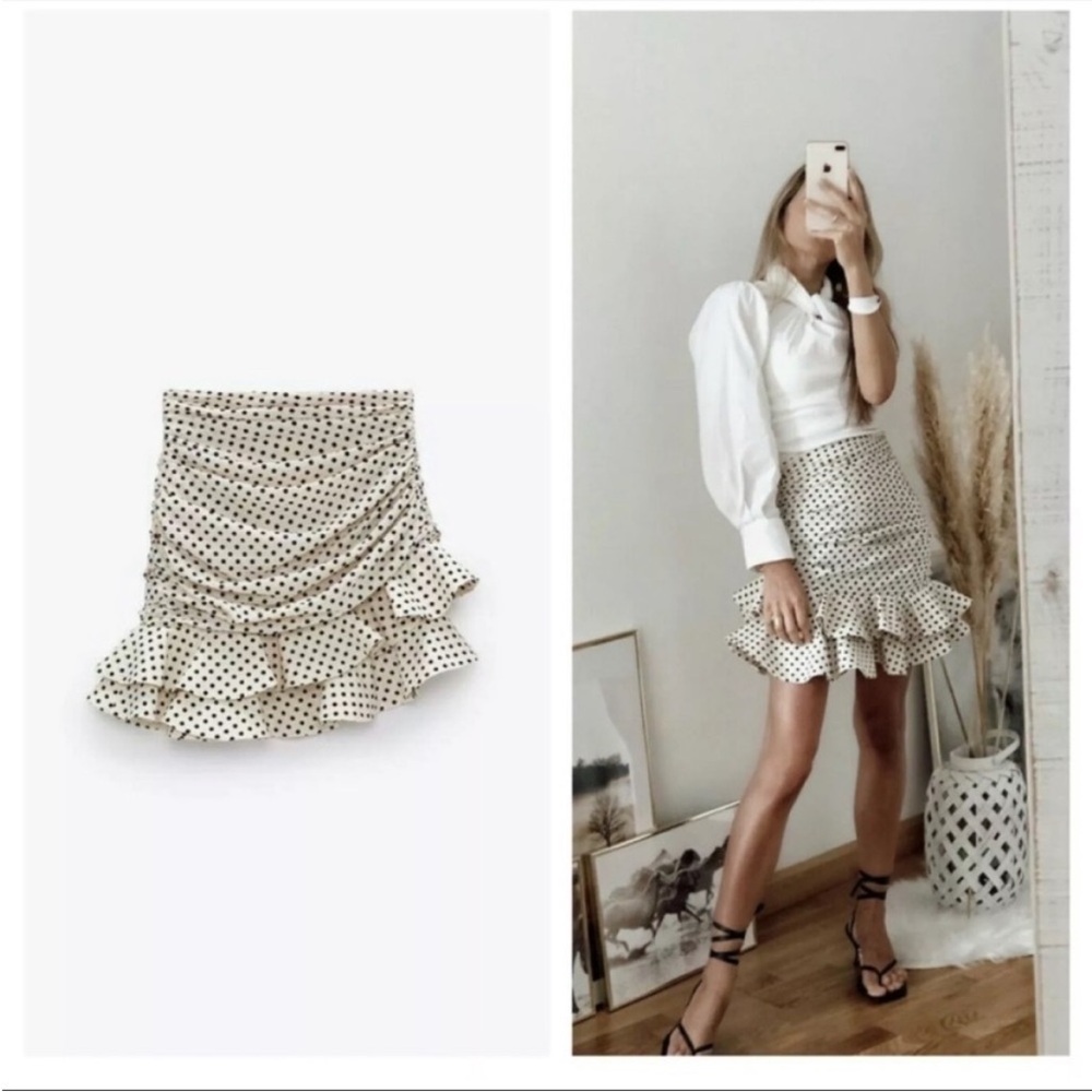 Zara Cream Mini Skirt with Black Polka Dots and Ruffle Hem